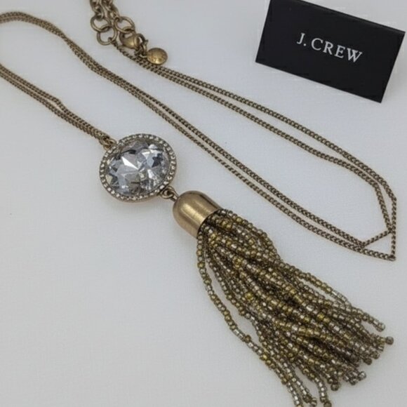 J. Crew Gold and Silver Tassel Necklace with Large Glass Rhinestone Pendant - Picture 1 of 6